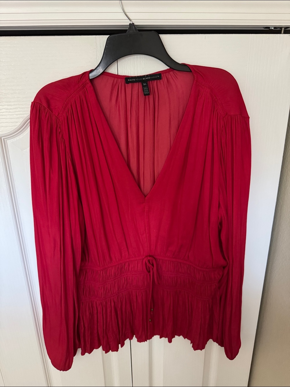 White House Black Market Crimson Red V-Neck Drawstring Blouse